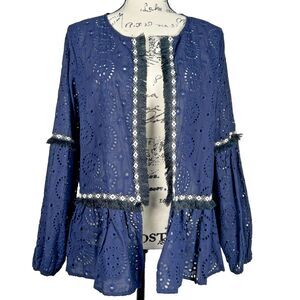 Suzanne Betro Sz L Navy, Black, and White Cutout Open Cardigan Jacket Fringe